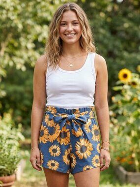 *3 FOR $9* Shein High Rise Paperbag Elastic Waist Tie Belt Sunflower Knit Shorts